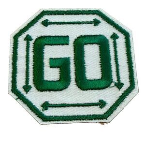 Vintage GO Green Embroidered Patch Octagonal Arrow Retro Novelty Sew On Badge